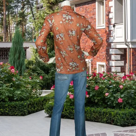 Vintage Rustic Boho Floral Shirt Brown S - Picture 6 of 8